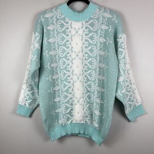 VTG Mock Neck Womens Sweater Sz L Blue 80s 90s Christmas Holiday Ski Glitter USA